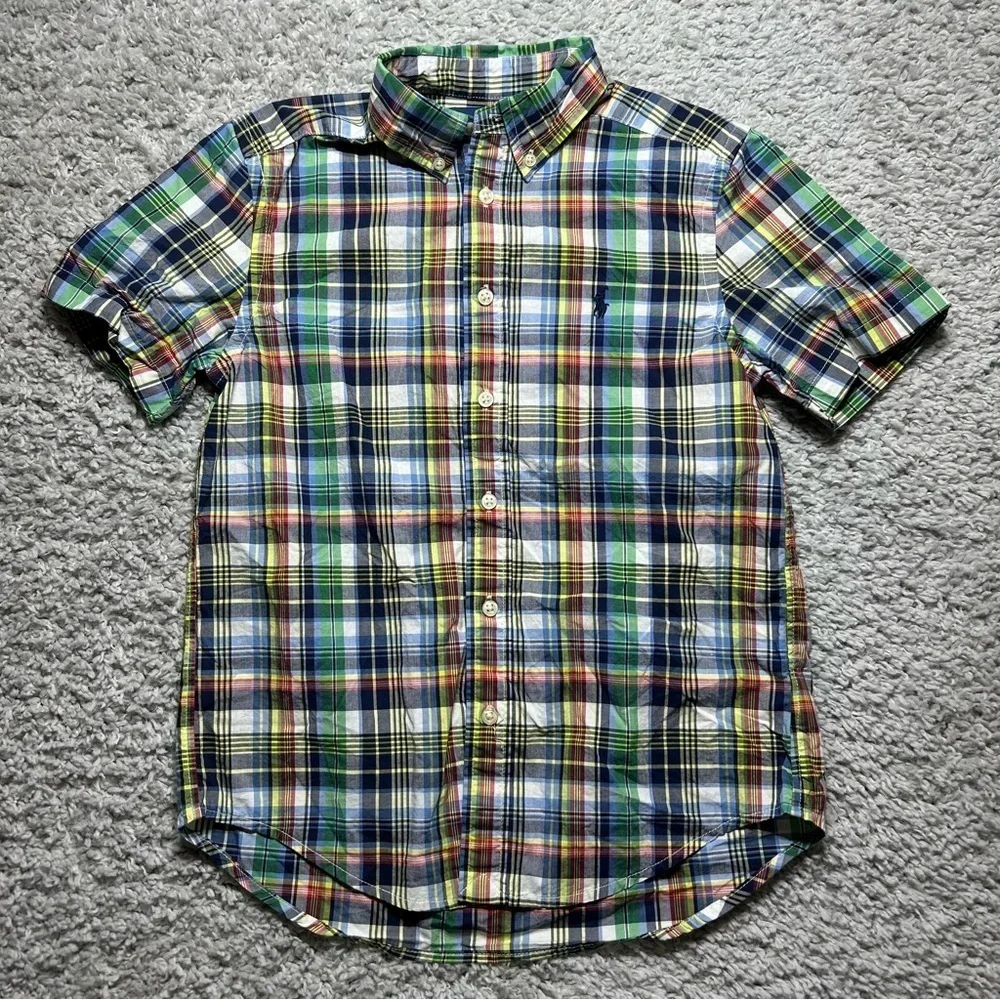 Ralph Lauren Shirt Boys Medium Plaid Button Up Short Sleeve Preppy Classic Party